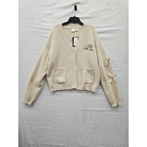 Sanrio Hello Kitty Fuzzy Cardigan Sweater Cream Bows XL KTHK016GLB NEW